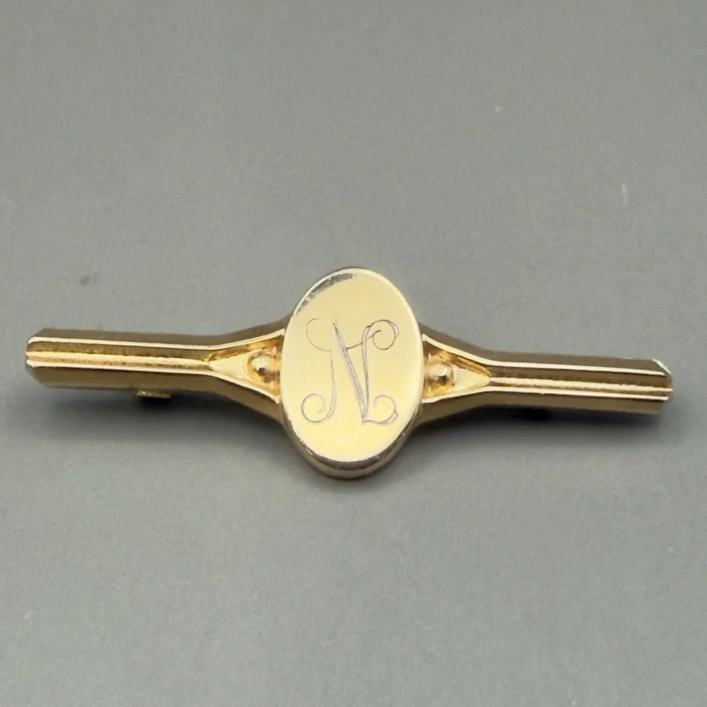 Vintage Gold Tone Bar Brooch Pin Engraved Letter N Initial Monogram 2 Inch